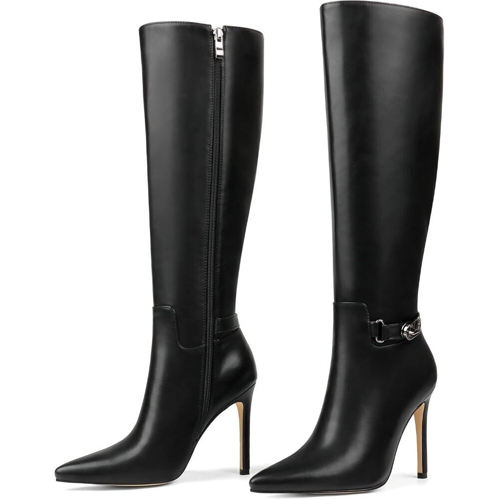 Women's  Black Matte Stiletto Slouch Knee High Dress Boots Pointed Toe Buckle